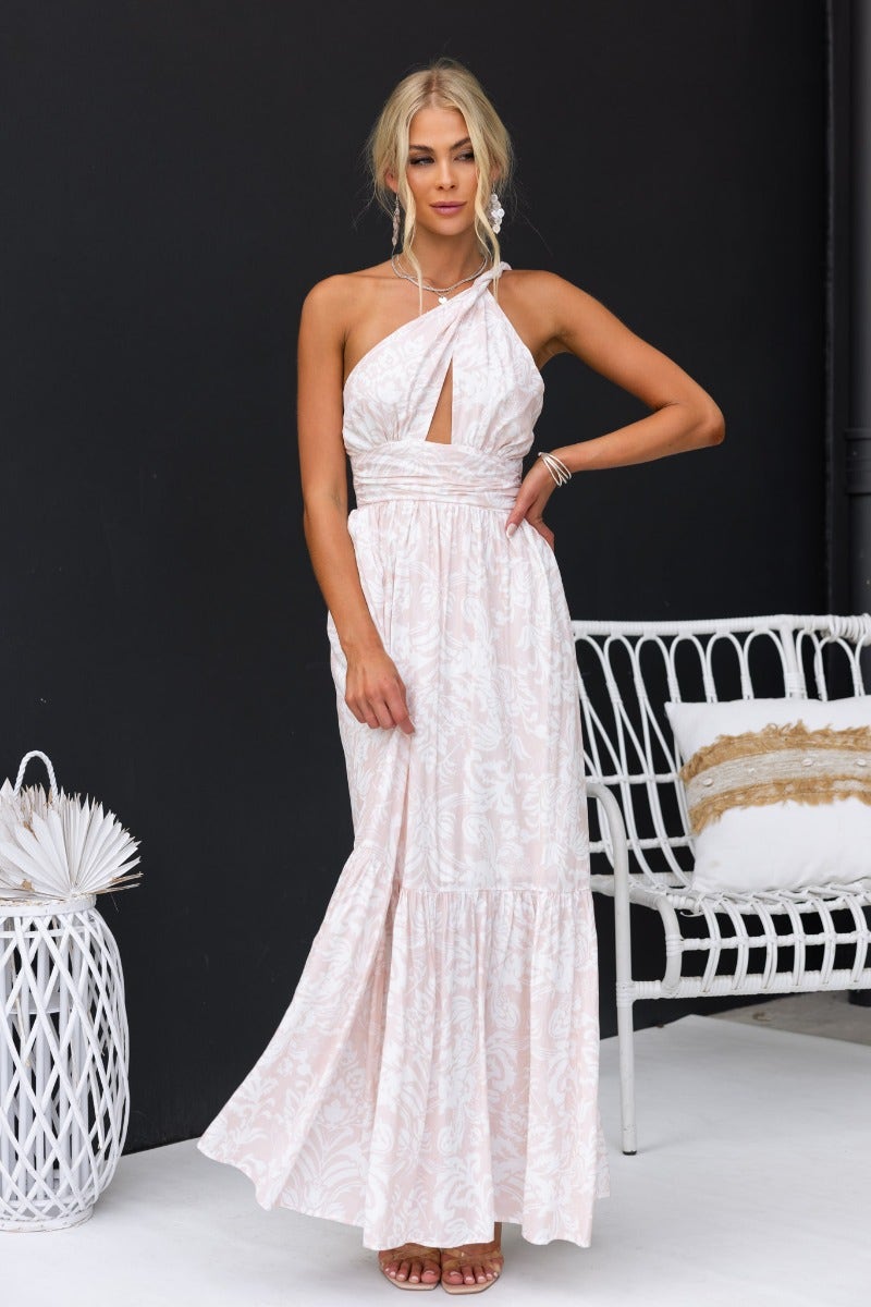 Elegant floral print Oakland Maxi Dress featuring a one-shoulder neckline and cut-out design, perfect for summer outings.