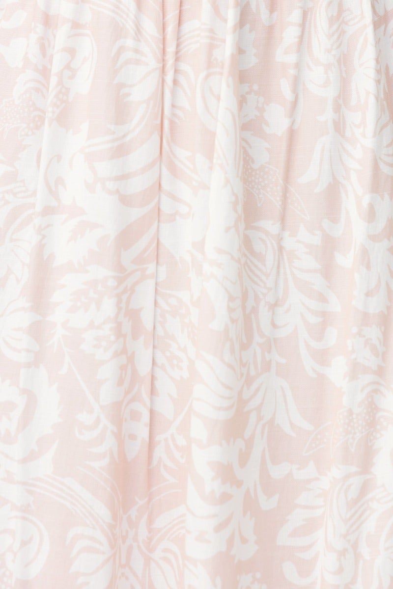 Close-up of floral print in soft pink and white fabric of the Oakland Maxi Dress, showcasing its elegant design.