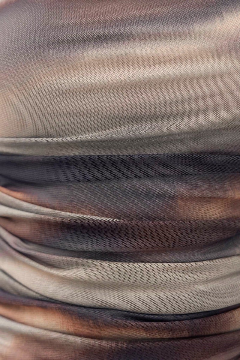Close-up of the ruching detail on a strapless No Pressure Top in a textured brown and gray fabric.