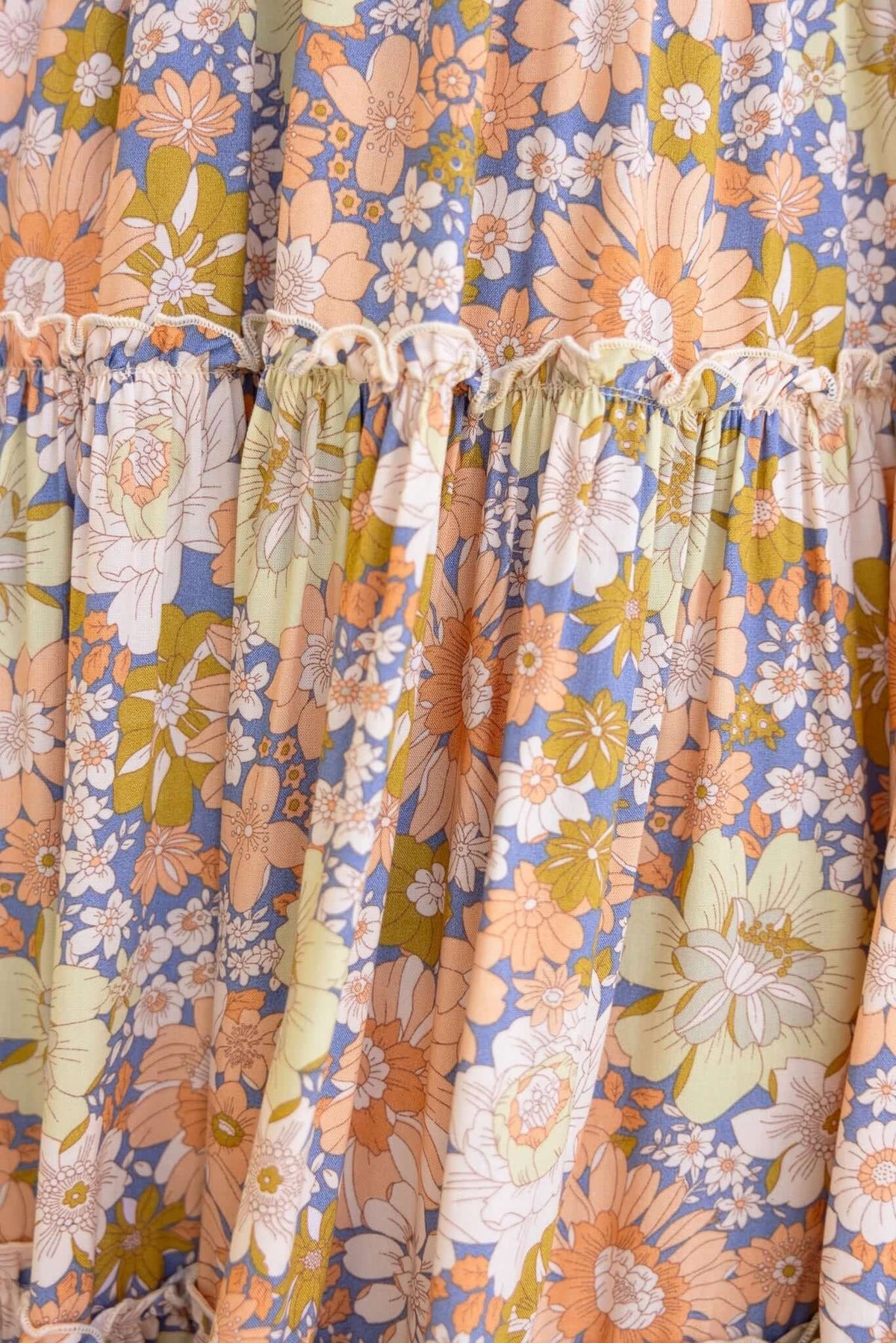 Charming floral pattern on the fabric of a nostalgic maxi dress featuring ruffles and vibrant colors.