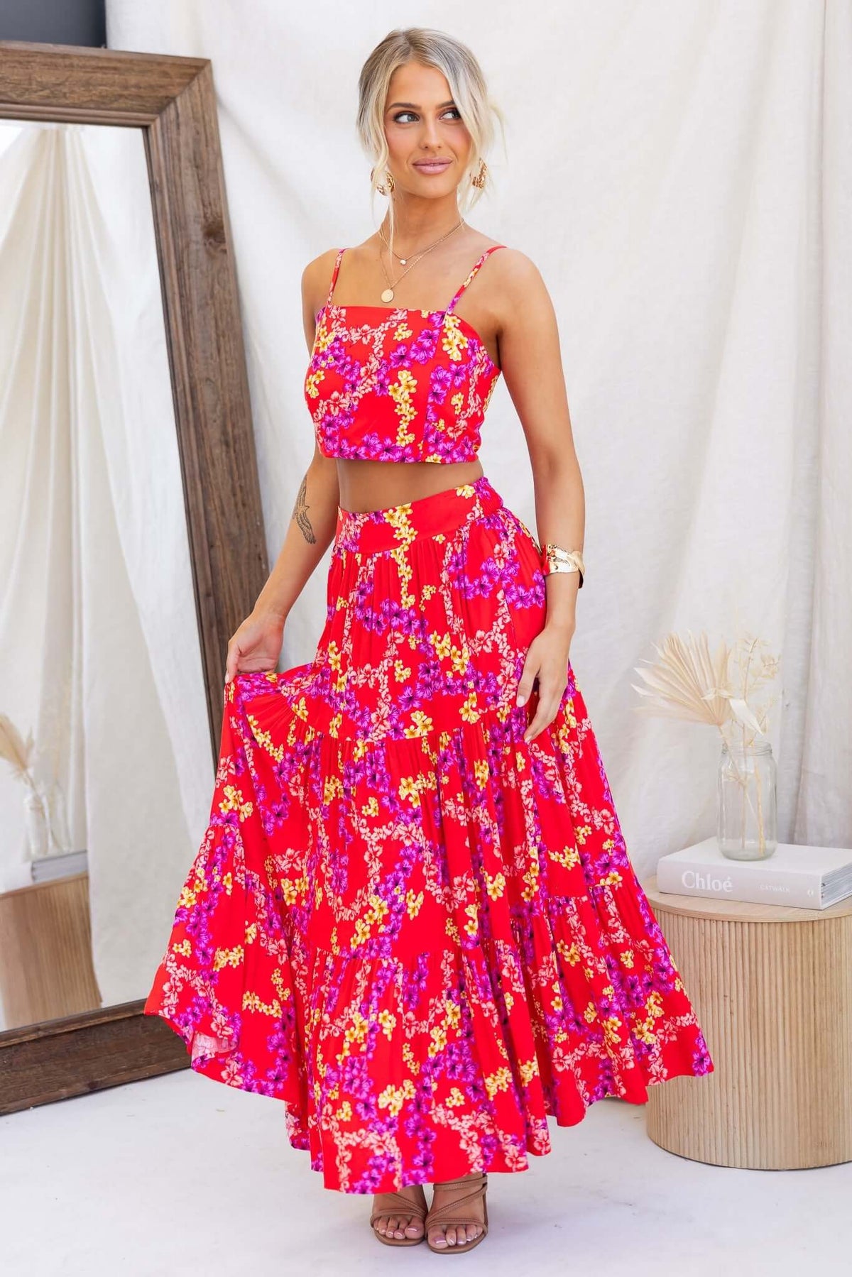 Bright floral print Hadid maxi skirt with matching crop top, perfect for summer outings or casual events.
