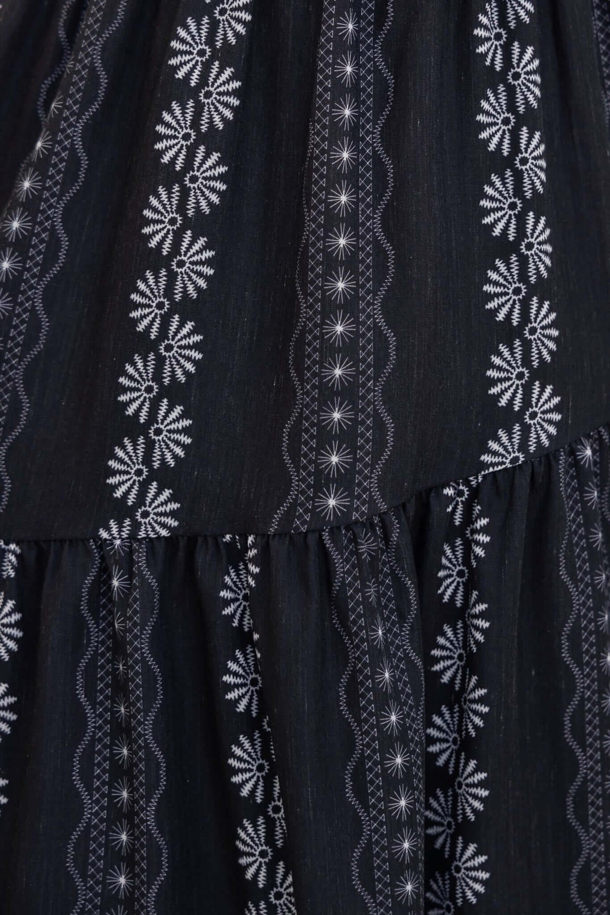 Close-up of black fabric with white floral embroidery on Eider Maxi Dress, showcasing intricate detailing.
