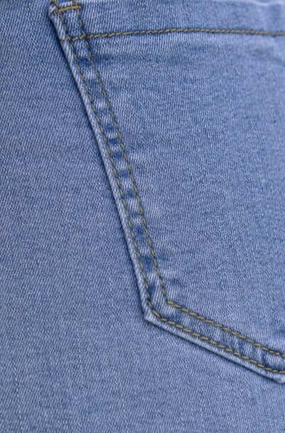 Close-up of light blue denim showing pocket detail on Too Cool Denim Shorts.