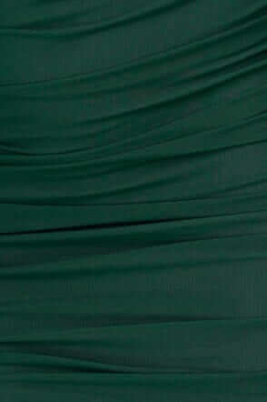 Textured green fabric of the Overboard Midi Dress showcasing its stretch and elegant draping details.