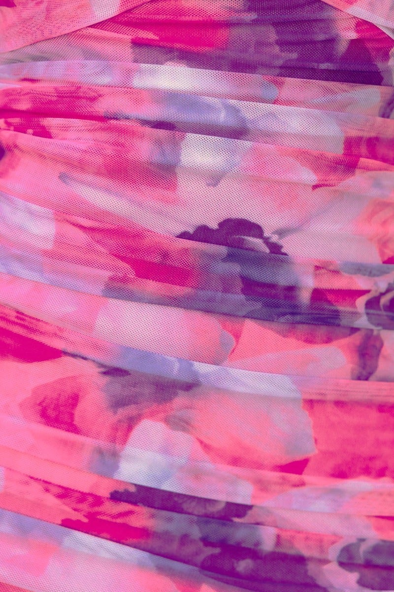 Close-up of pink and purple floral mesh fabric with ruching detail, perfect for Carina Dress design.