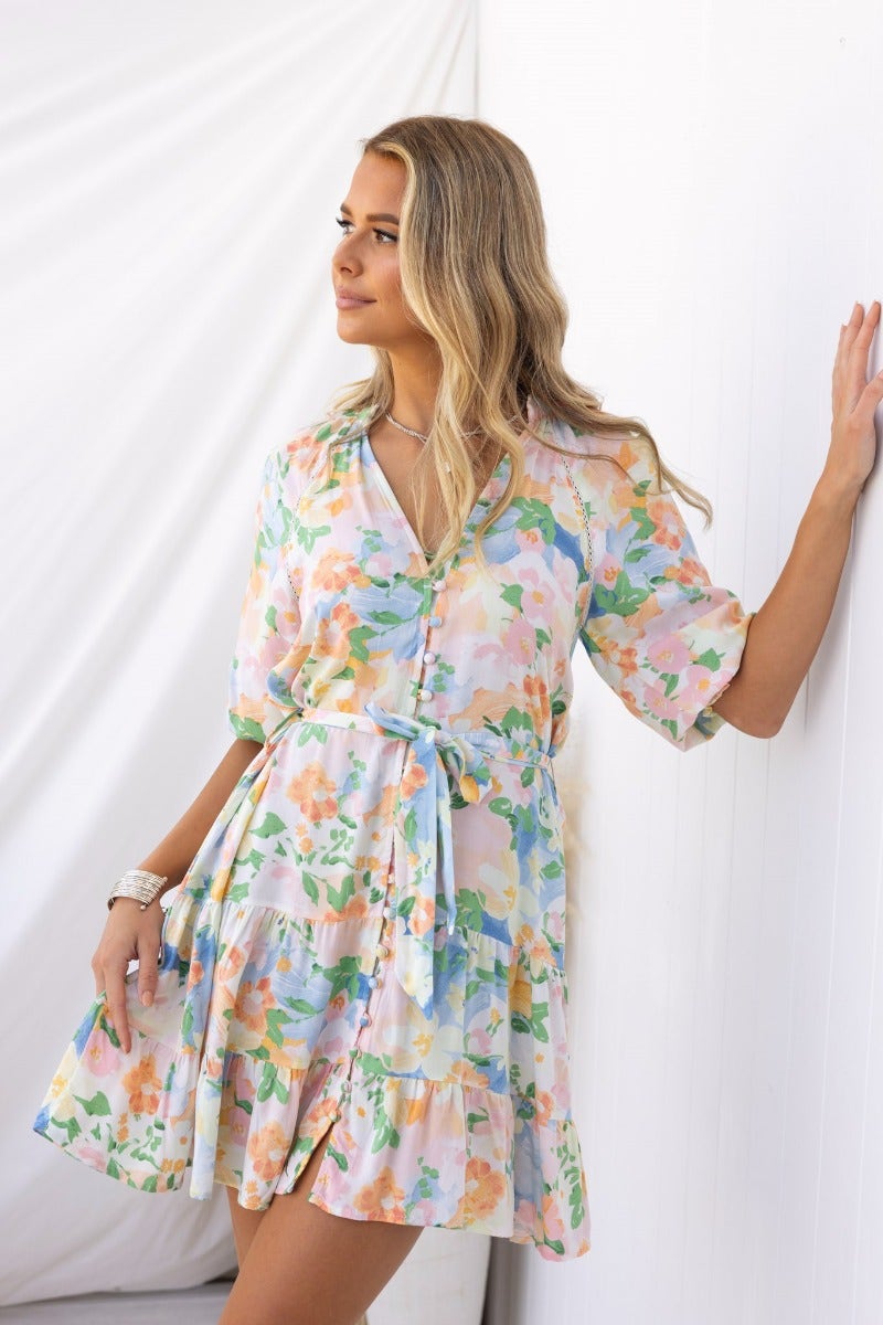 Harbin Dress - Floral print V-neck dress with button-up front, elastic sleeves, and removable belt, perfect for summer.
