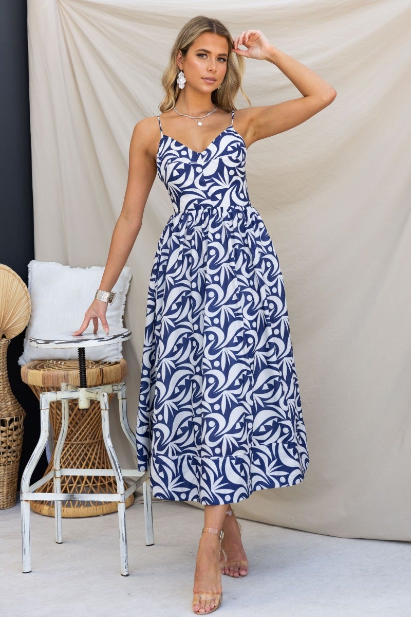 Vallere Navy Cotton Blend Maxi Dress with Adjustable Straps and Pockets, Elegant Summer Outfit