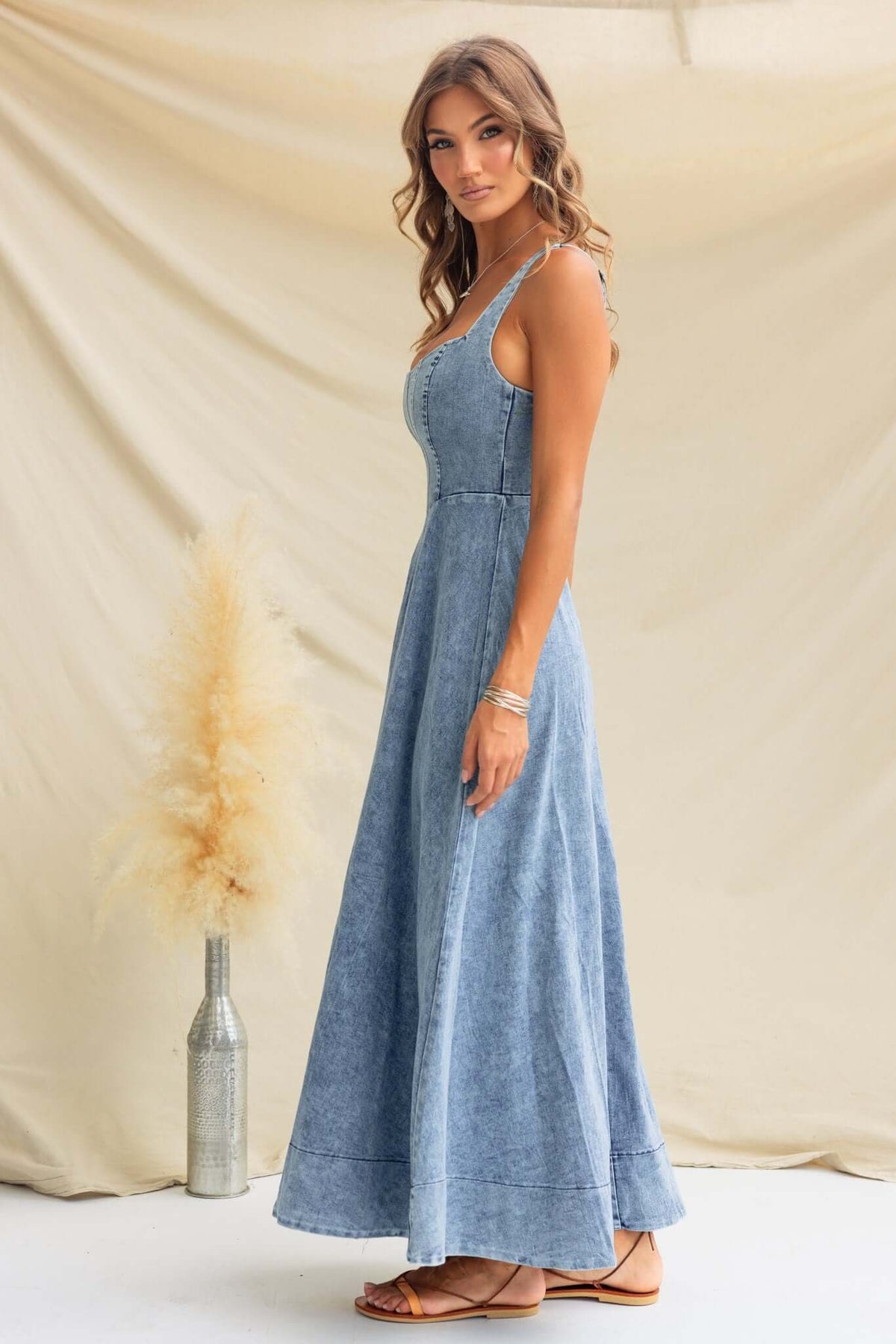 denim maxi dress australia Sibille Puff Sleeve Maxi Dress Denim Blue