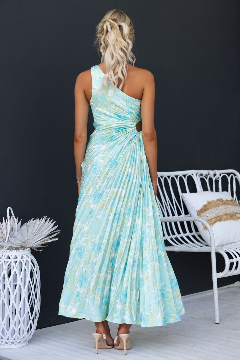 Elegant floral print Ottile maxi dress featuring a one-shoulder neckline and cut-out waist detail.