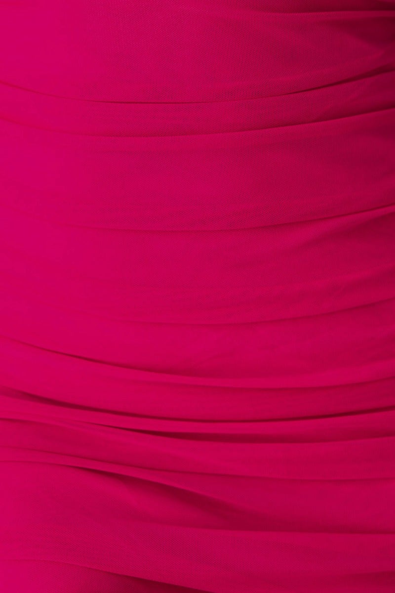 Close-up of vibrant pink fabric draping with ruching, showcasing texture and stretch for the Starlette Midi Dress.