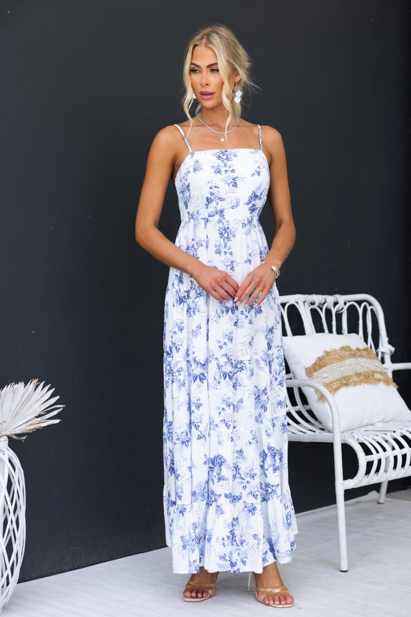 Floral print Morea Maxi Dress with square neckline and adjustable straps, perfect for summer style.