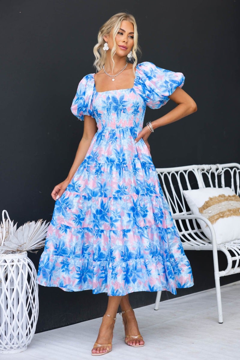 fun midi cocktail dress Chic Pink Halter Neck Knit Midi Dress with Open Back and Fluted Fringe Hem