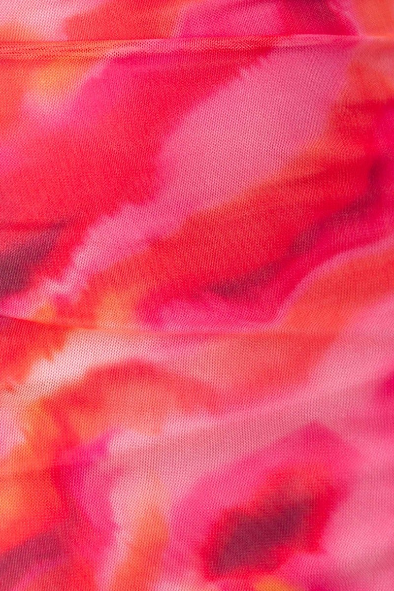 Close-up of vibrant pink and coral floral mesh overlay fabric on Marisol Midi Dress.