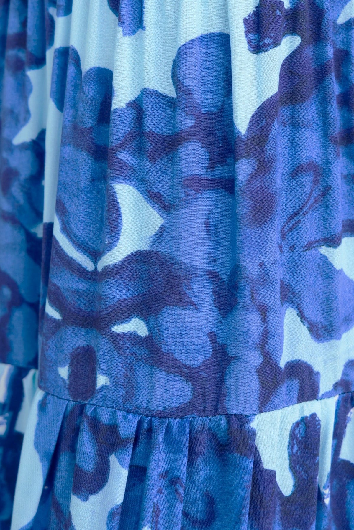 Close-up of the Inessa Midi Dress featuring blue floral patterns and soft fabric texture.