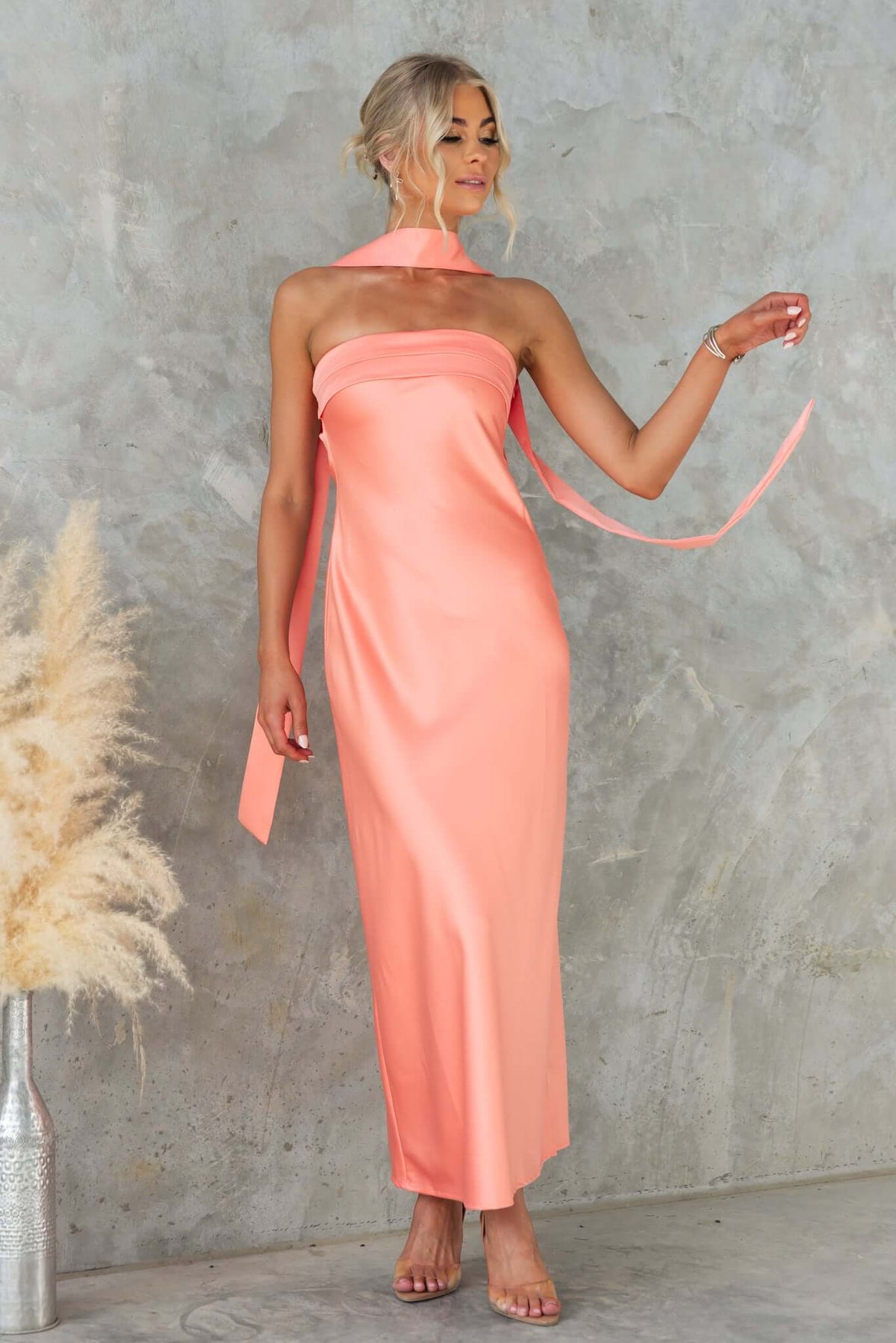 Verda Maxi Dress in soft peach, strapless with removable tie, women’s evening wear, elegant fit.
