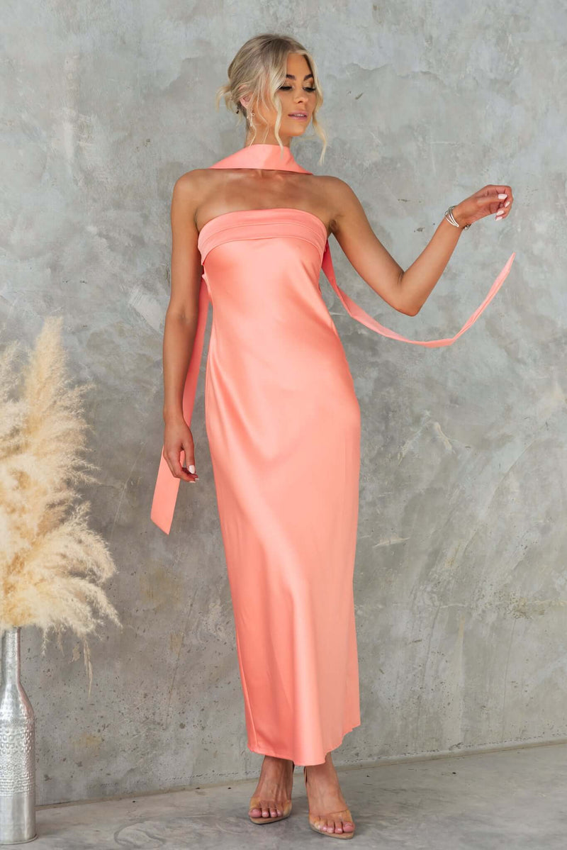 Verda Maxi Dress in soft peach, strapless with removable tie, women’s evening wear, elegant fit.