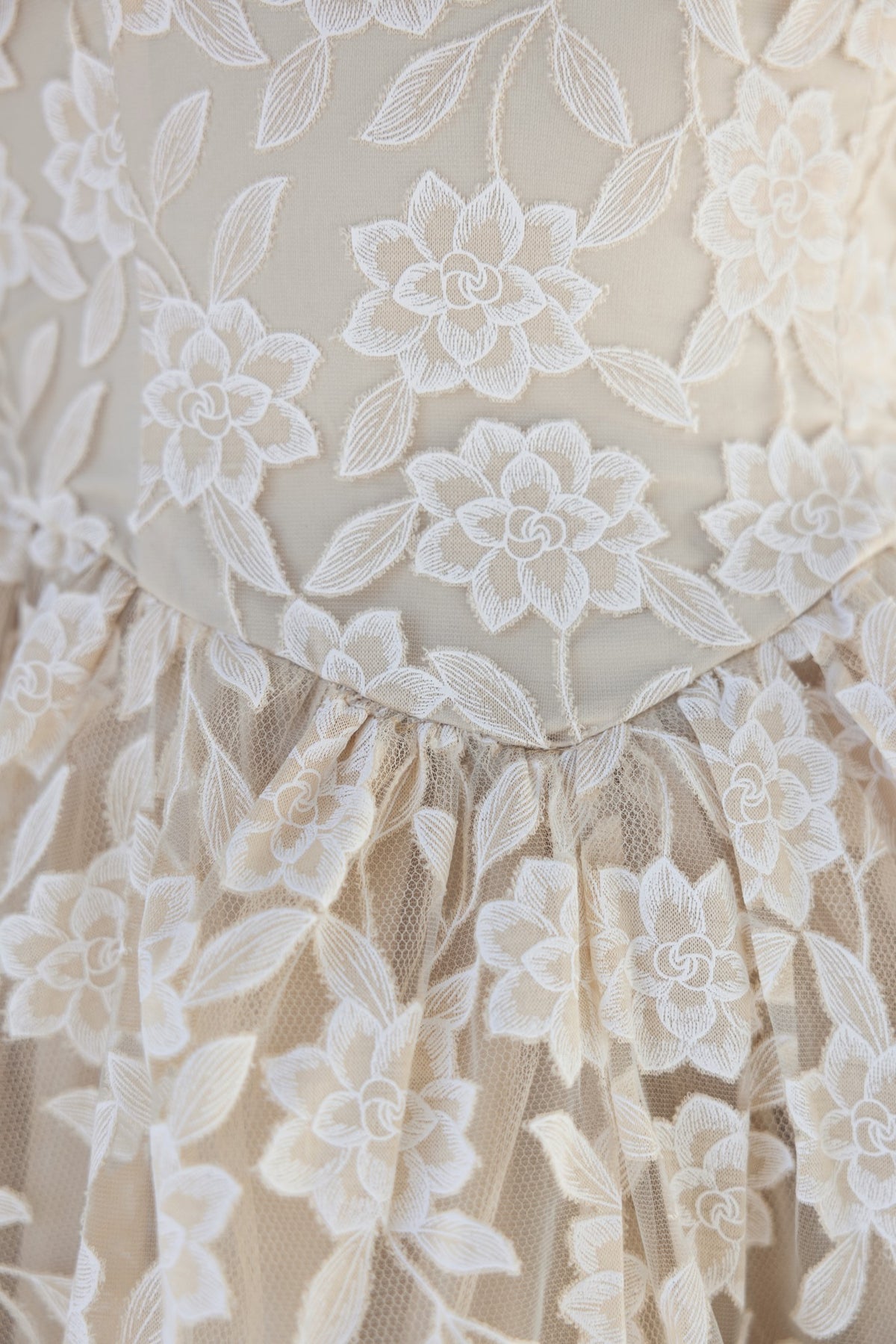 Close-up of lace floral design on the Ambient Midi Dress with tulle underlay and detailed stitching.