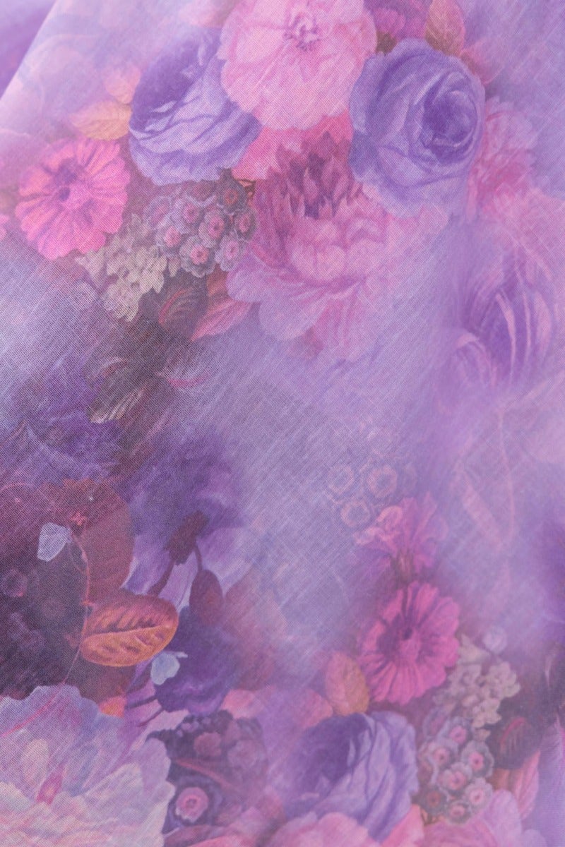 Floral print fabric in purple tones with roses and peonies for a midi dress.