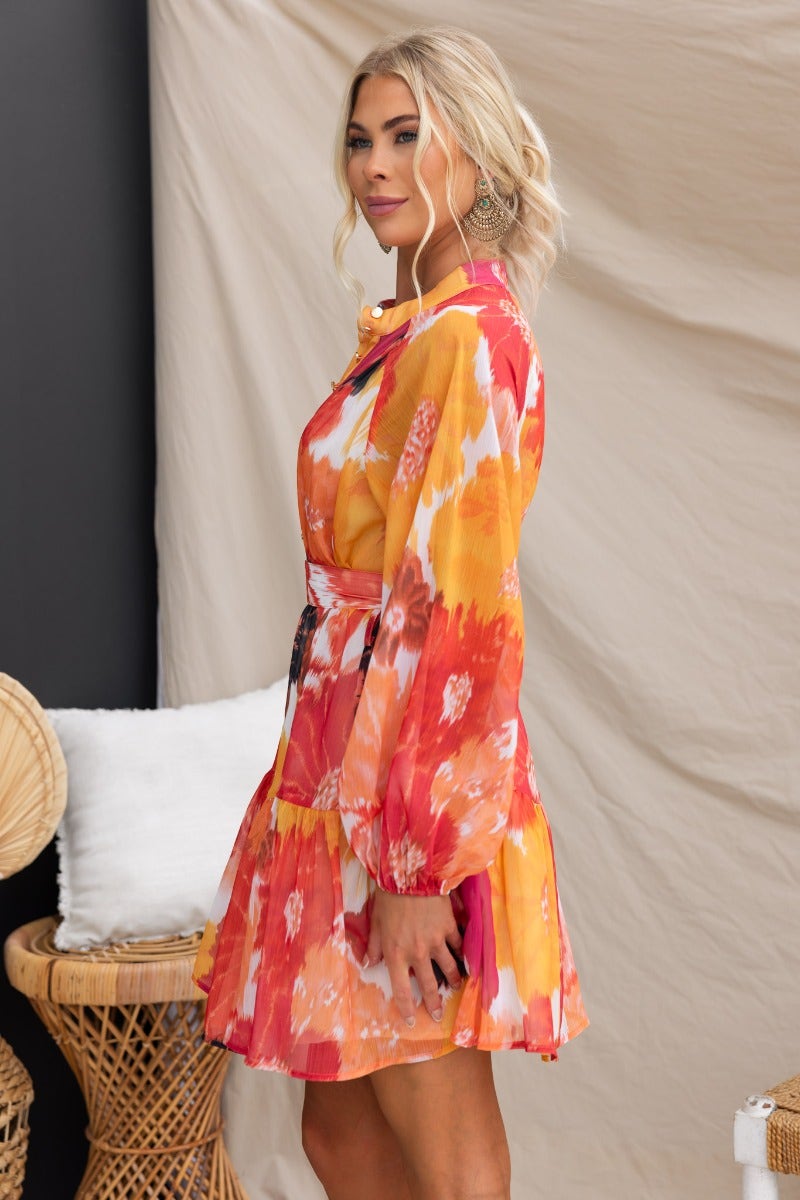 Multi-colour Orazio dress with high neckline, button-up front, and removable belt, styled by model in relaxed fit.