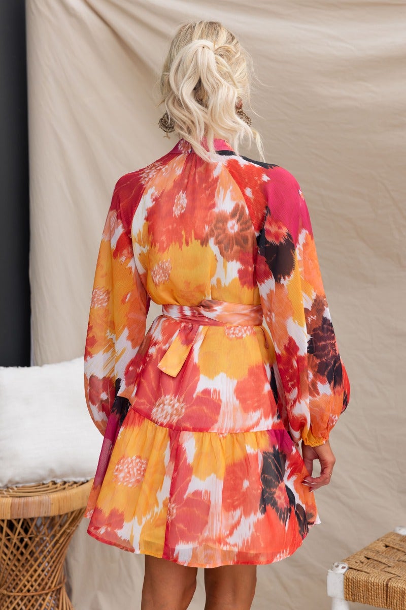 Back view of Orazio multi-colour print dress, featuring a high neckline, button-up front, and removable belt.