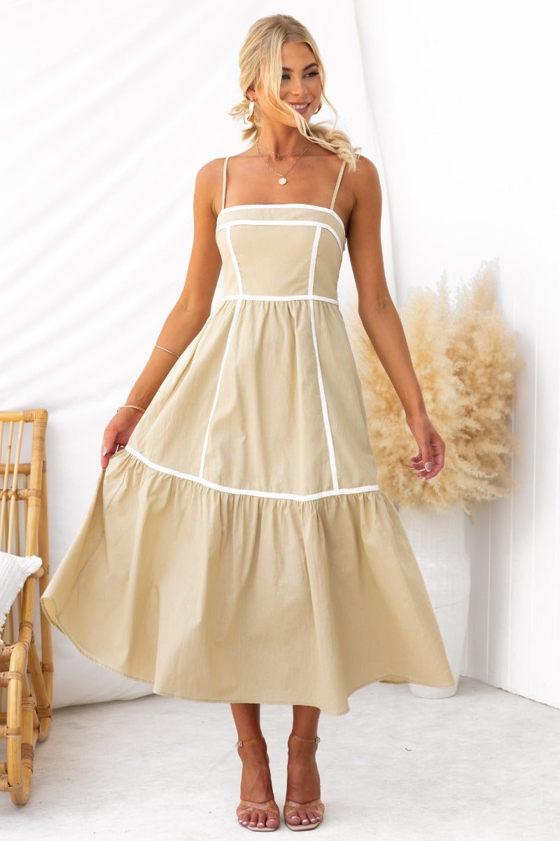 Cianna Midi Dress featuring adjustable straps, light cotton feel, and a stylish lined design in beige.