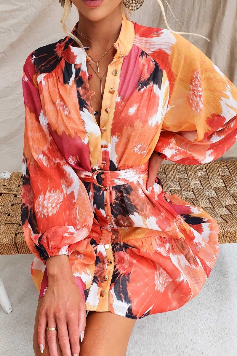 Orazio Dress: Multi-colour print dress with high neckline, button-up front, and removable belt, made from chiffon material.