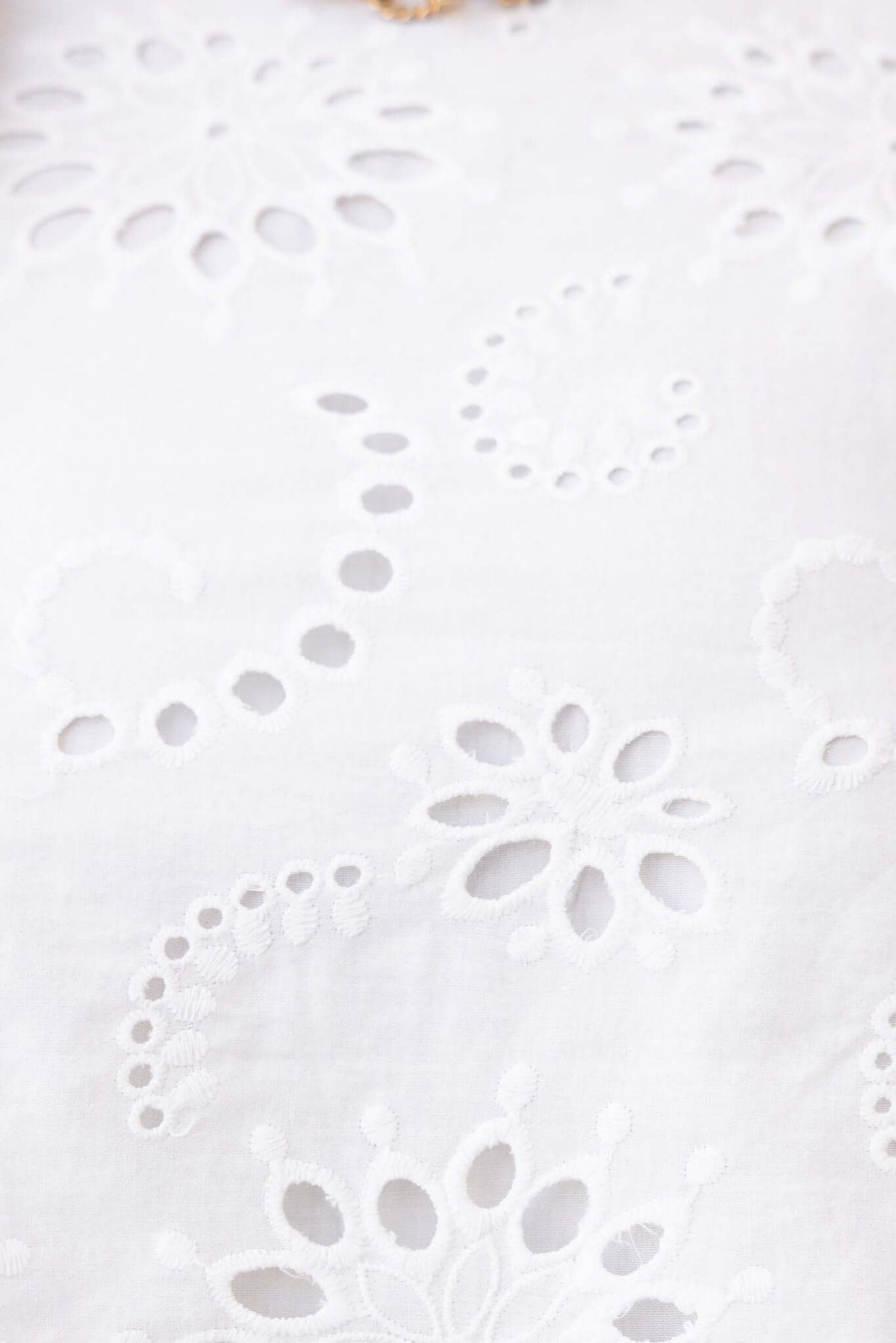 Close-up of elegant white Anglaise fabric with floral embroidery patterns, perfect for summer apparel.