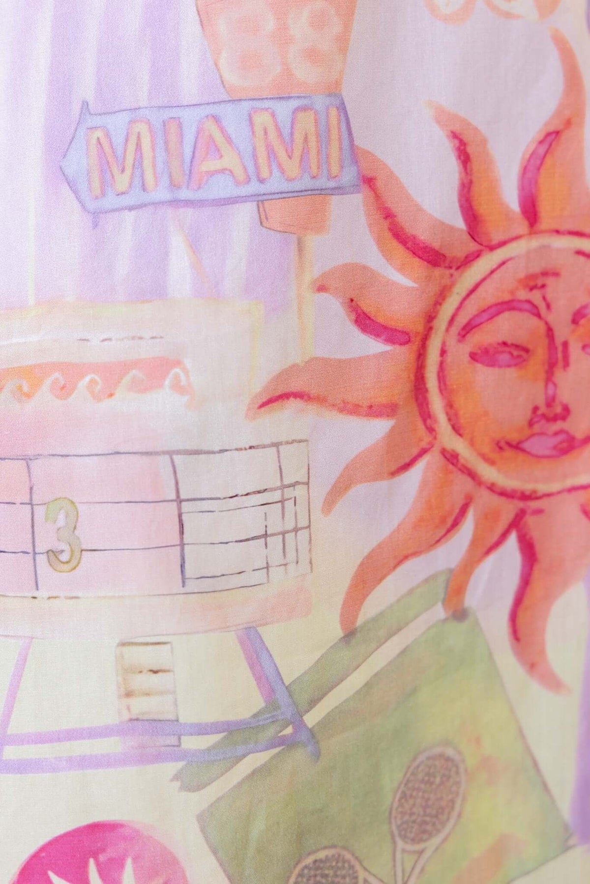Colorful illustration featuring Miami signs, sun motifs, and playful designs for a vibrant summer look.