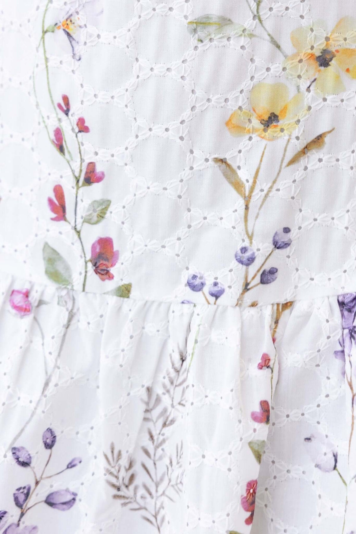 Floral print detail of Carlyle Maxi Dress featuring Anglaise material with pastel flowers on a white background.