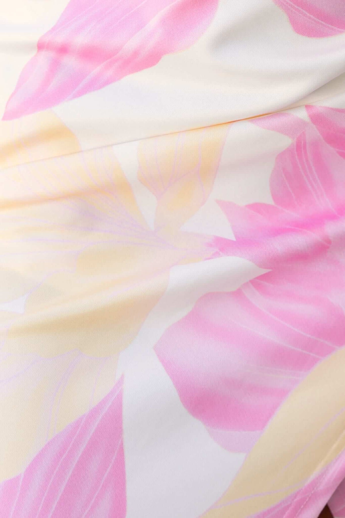 Close-up of floral print in soft pink and yellow shades on fabric, showcasing a beautiful design for Qilton Midi Dress.