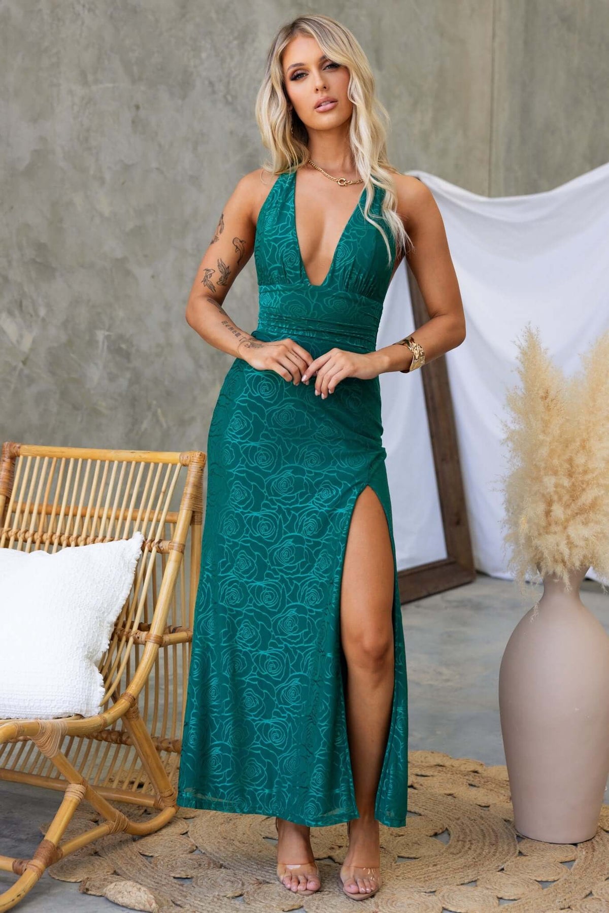 Piazio Maxi Dress in teal with tie straps, front split, and lined design, perfect for a stylish summer look.