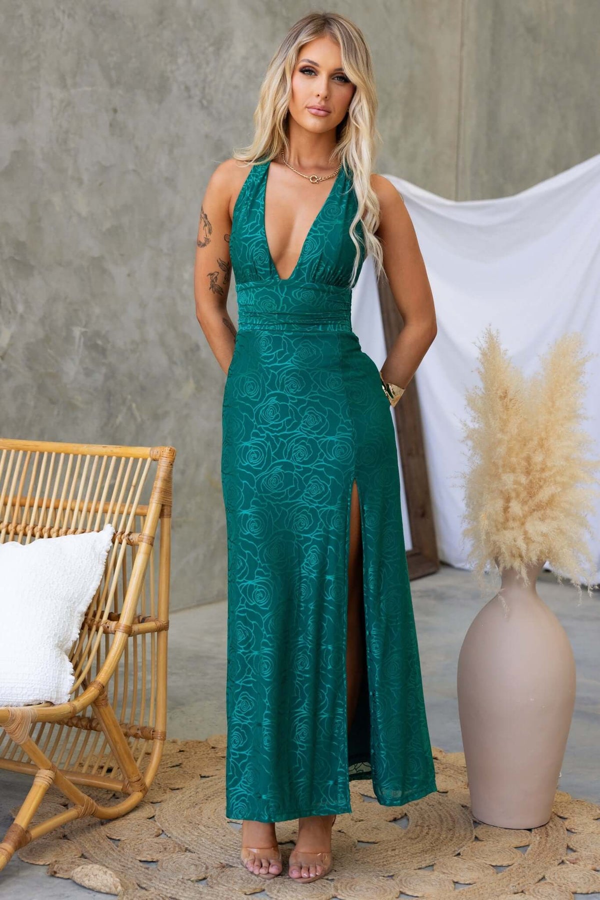 Stylish Piazia Maxi Dress in emerald green with tie straps, elastic back, and front split, perfect for any occasion.