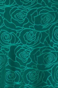 Teal fabric featuring a floral rose pattern, perfect for dresses and summer apparel. Elegant design with intricate detailing.