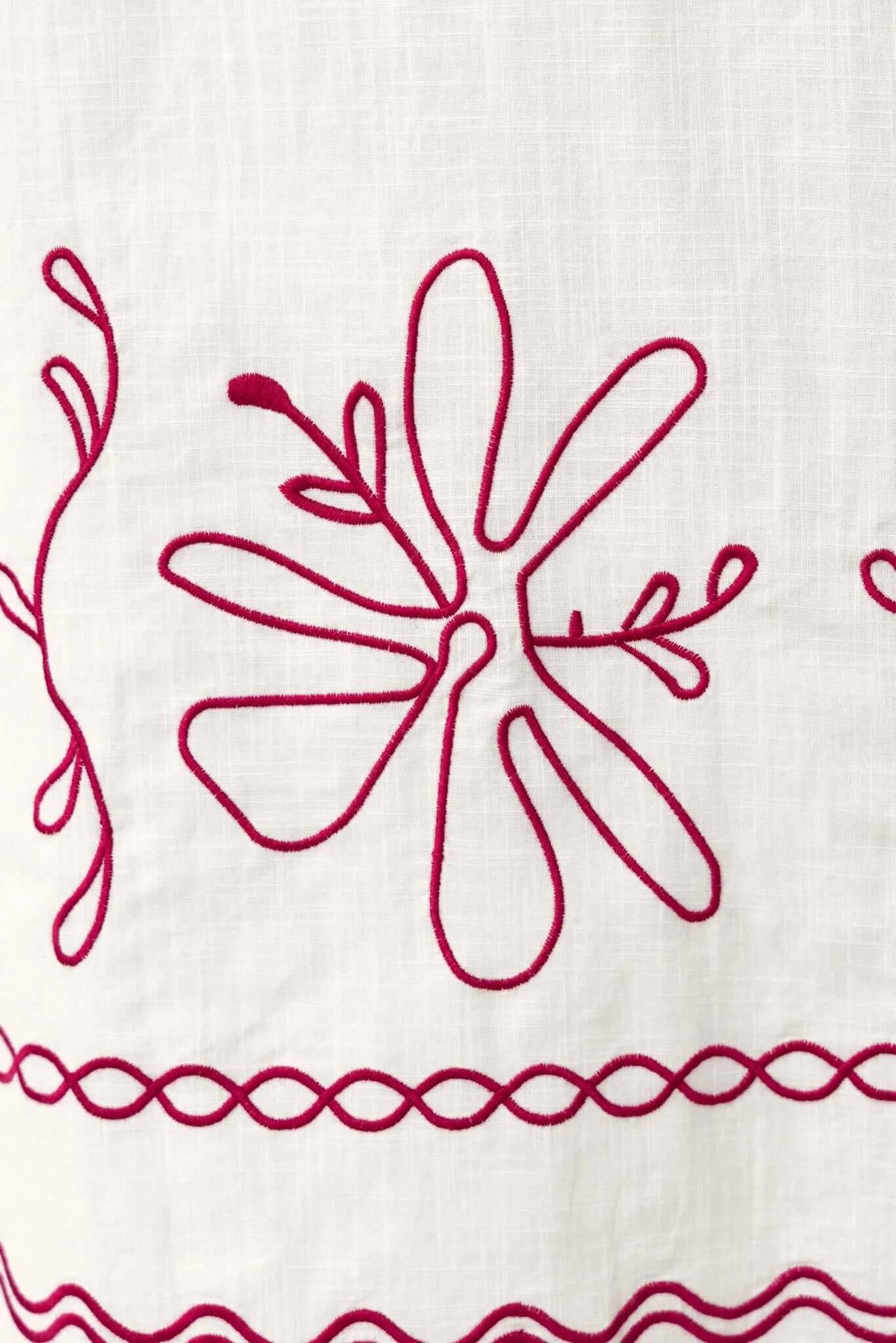 Close-up of floral embroidery in pink thread on a white fabric, showcasing intricate design elements.