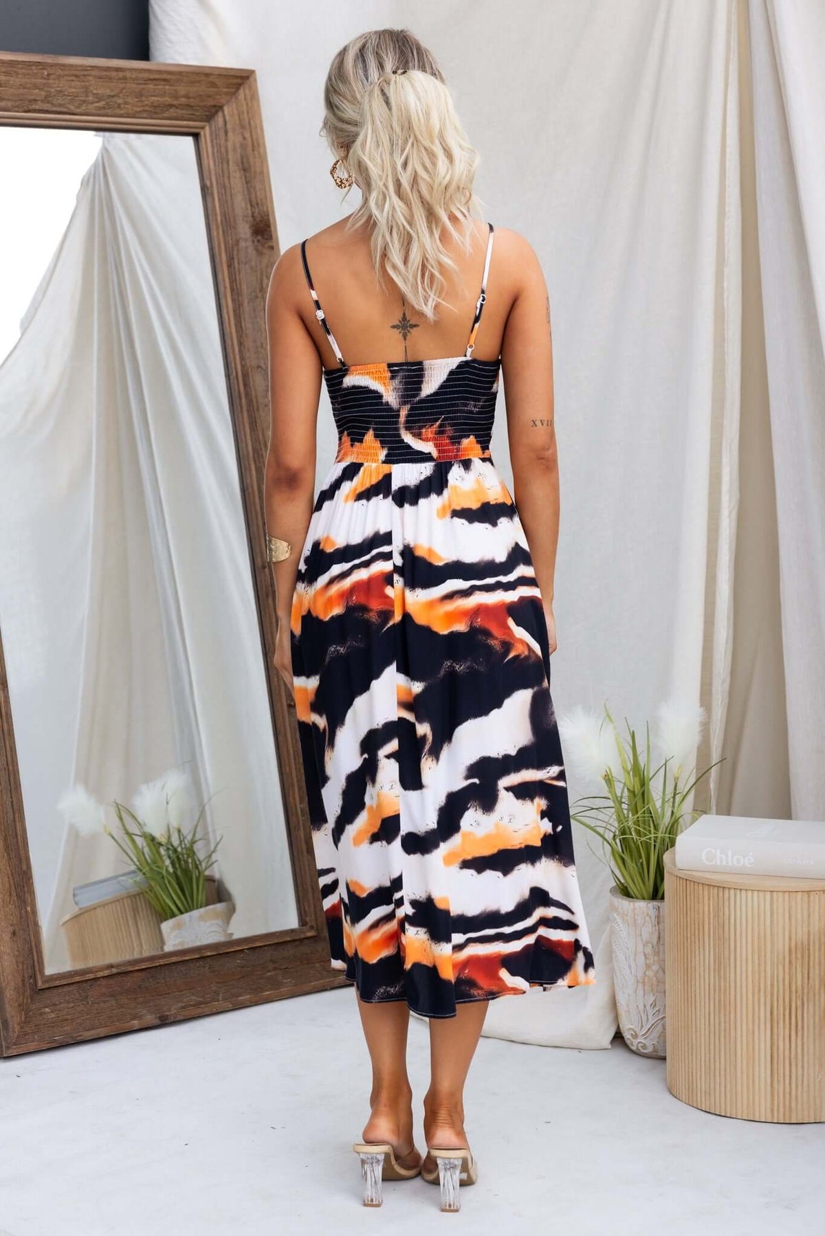 Back view of Cecilee Midi Dress featuring adjustable straps and vibrant multi-color pattern.