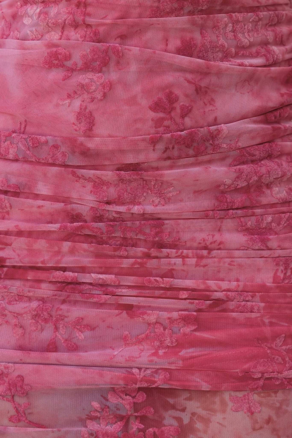 Pink floral mesh fabric of the Marino Maxi Dress featuring intricate detailing and soft texture.