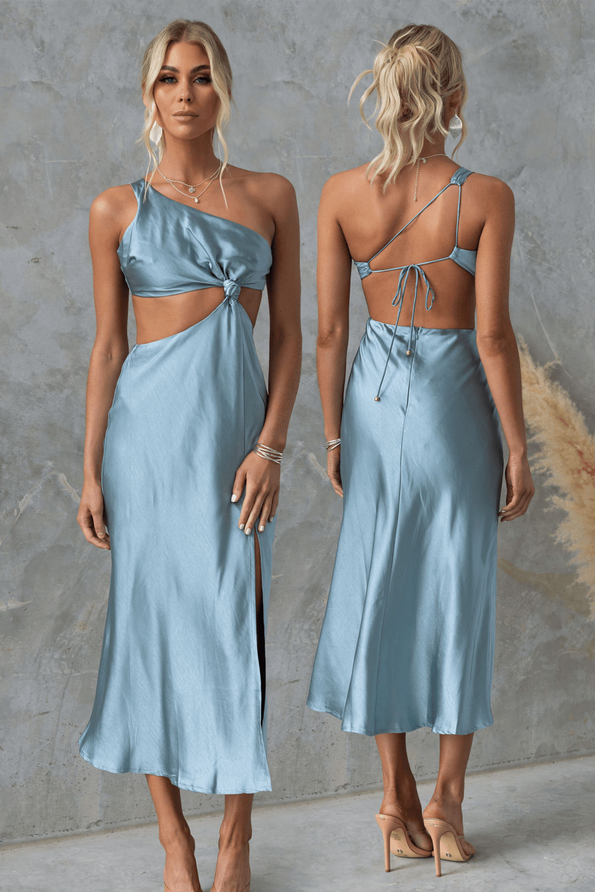 Own It Midi Dress in soft blue, featuring one-shoulder design, waist cut-out, and front split. Perfect for stylish occasions.