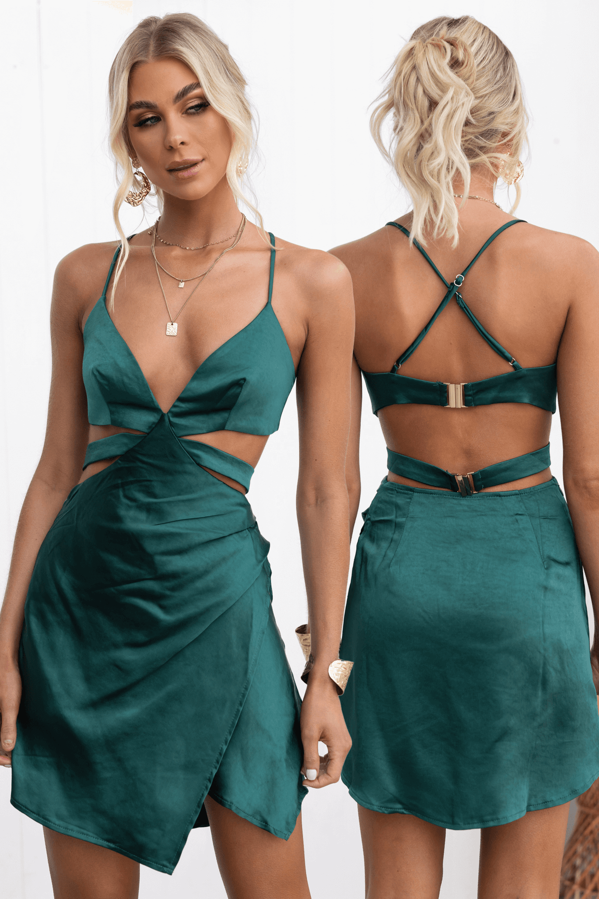Model showcasing the Bolden Dress in teal, featuring adjustable straps, cut-out waist, and asymmetric hem.