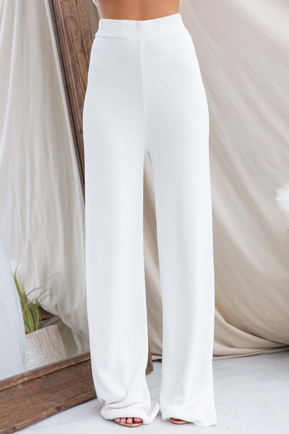 Beacall Pants in white, featuring mid-high waist fit, elastic waistband, and wide leg design, ideal for casual outfits.