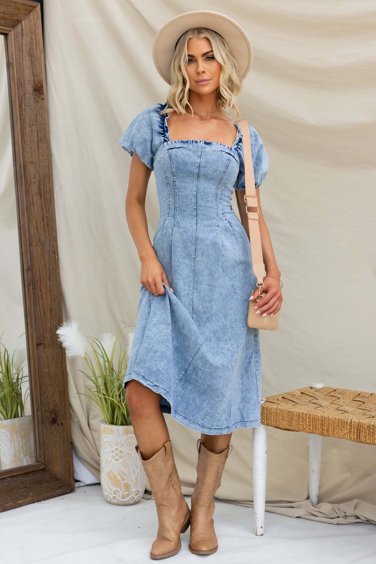 Bridgie Denim Midi Dress featuring elastic sleeve fittings and zip back, perfect for casual summer outings.