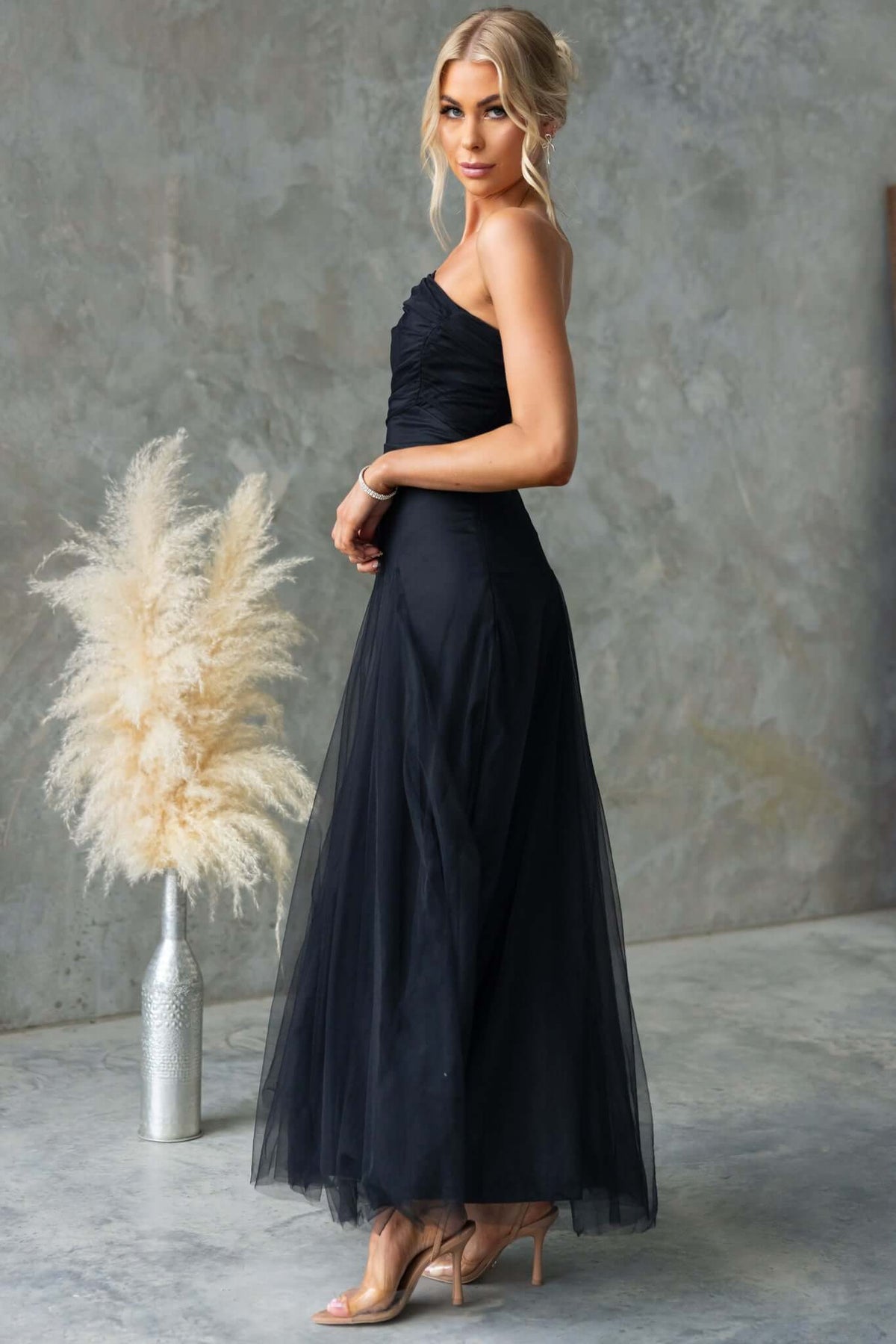 Eleah Maxi Dress featuring one-shoulder neckline and tulle material, model wearing size 6, perfect for formal occasions.