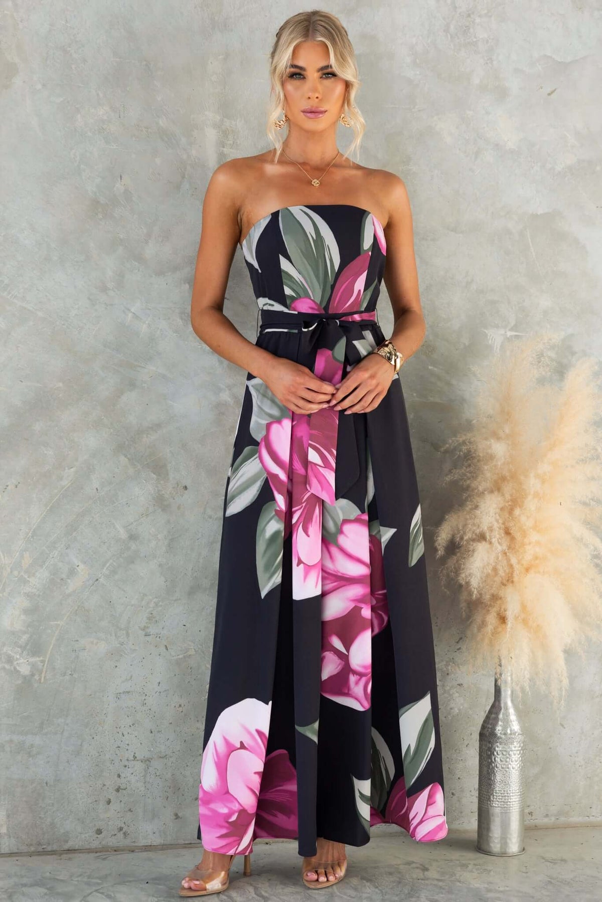 Evangeline Jumpsuit: Strapless floral jumpsuit with removable tie, lined bust, and elegant print design.