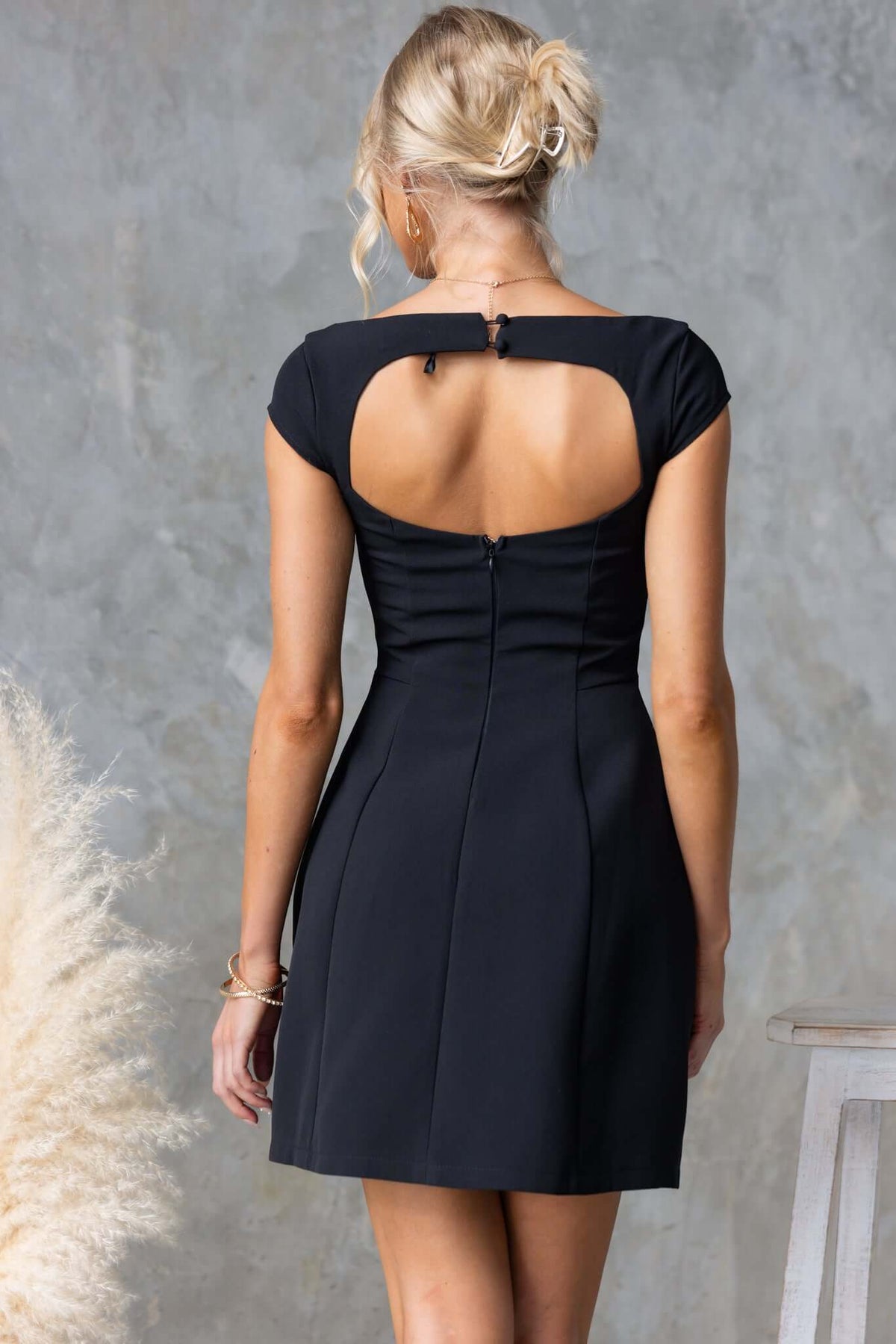 Feist Dress with boat neckline and cut-out back, featuring faux buttons and an invisible zip, perfect for a stylish look.