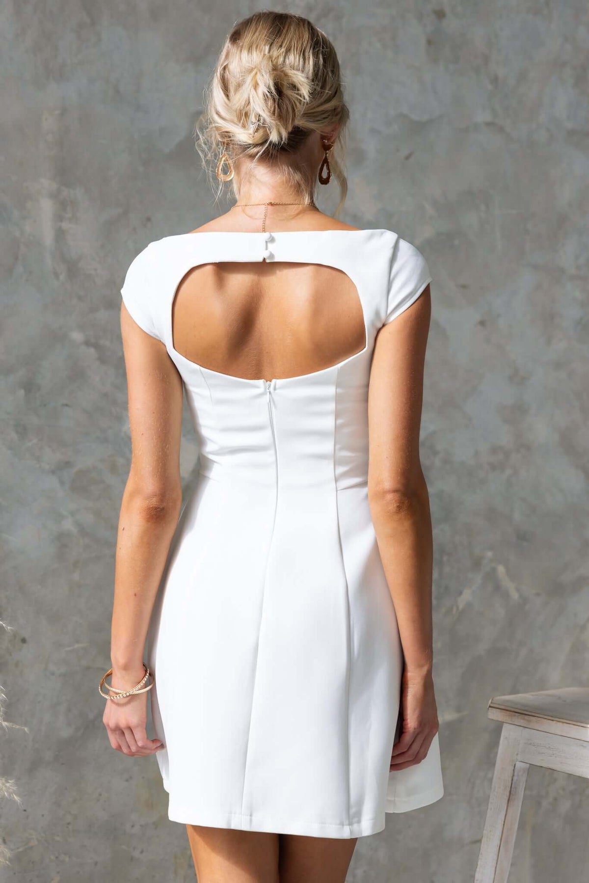 Back view of the Feist Dress featuring a boat neckline, faux buttons, and an invisible zip, perfect for a classy look.