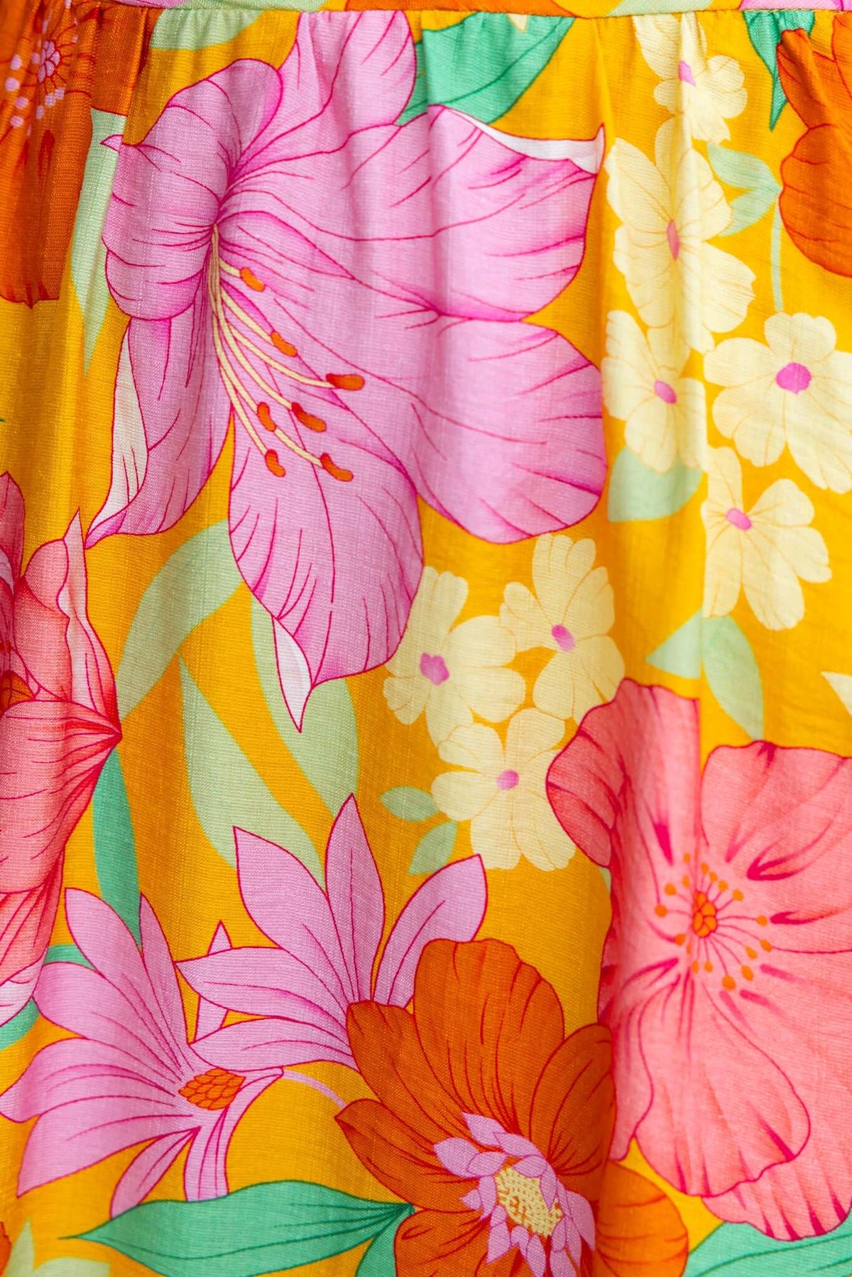 Vibrant floral print featuring pink and orange flowers on a yellow background, perfect for a summer midi dress.