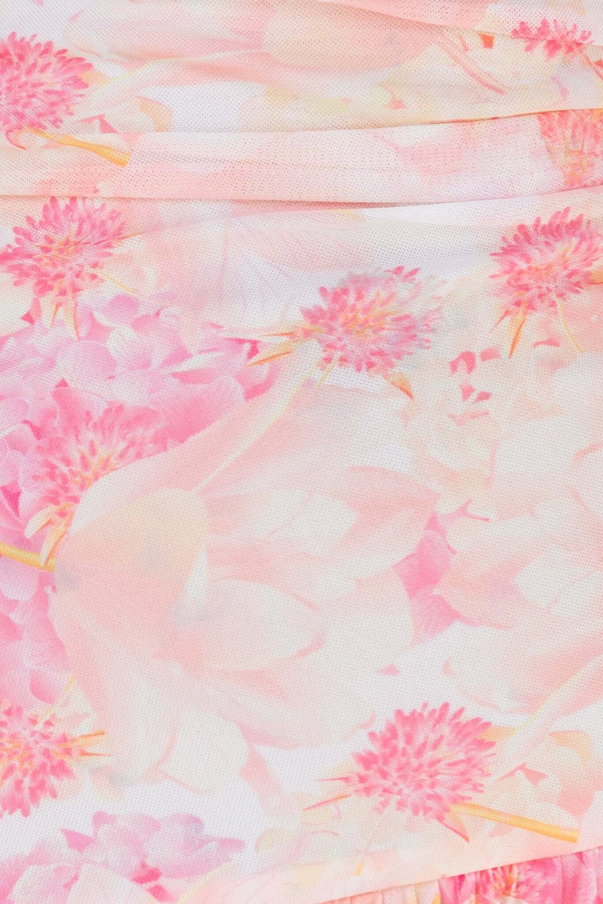 Close-up of Laurita Maxi Dress floral print in soft pink tones on mesh fabric.