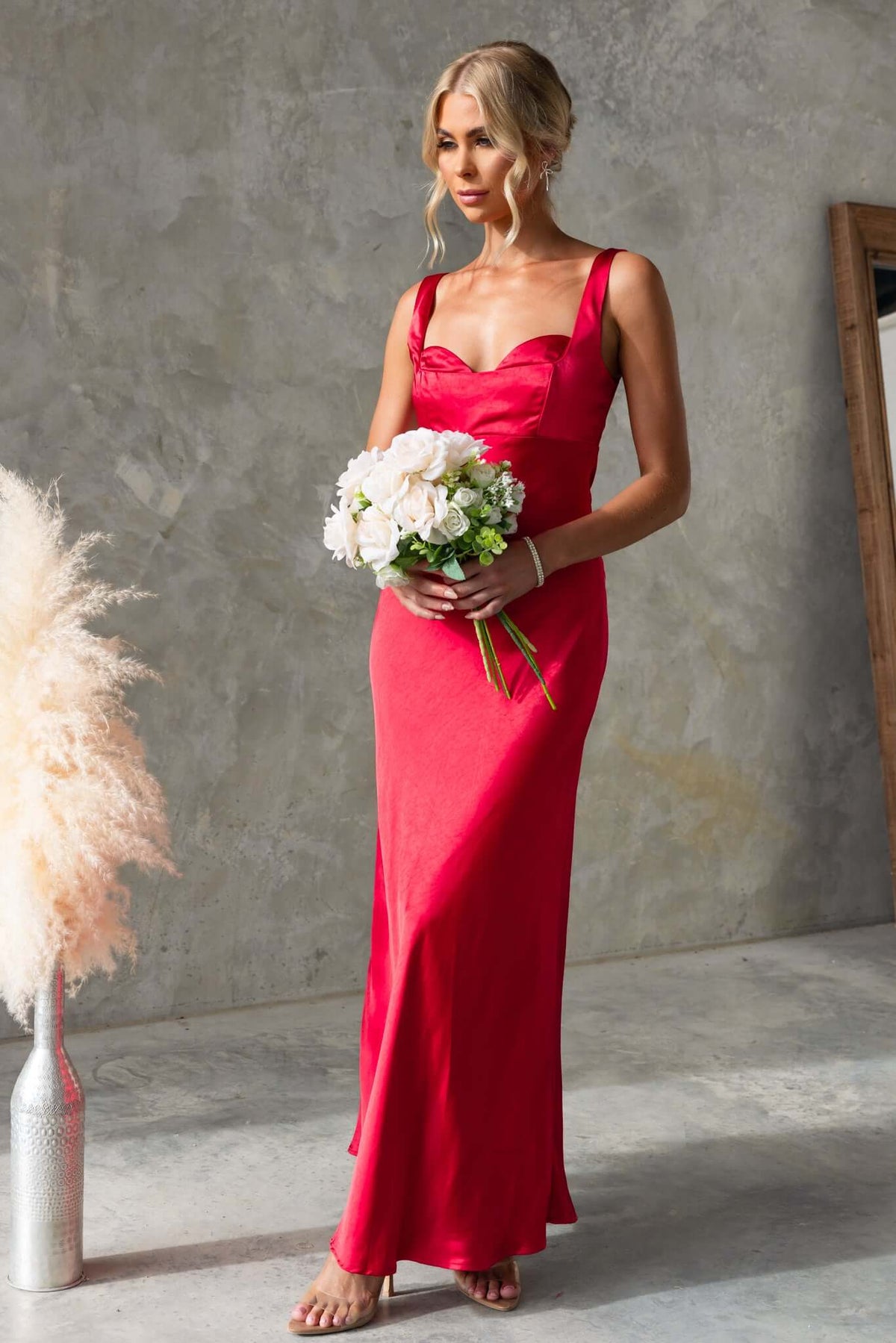Fuego Maxi Dress by Amaroso Bridal, featuring a square neckline and satin material, perfect for bridal occasions.
