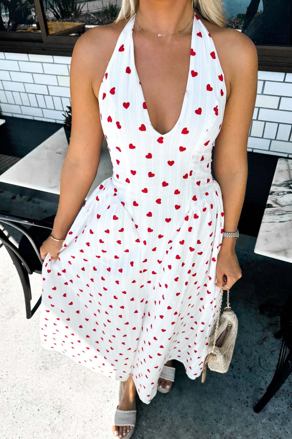 Imarnie Maxi Dress featuring a heart print, halter neck design, and flattering fit, perfect for summer outings.