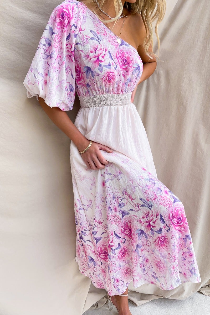 Floral print Aleyna midi dress with one-shoulder neckline and elastic waistband, featuring pockets and lined design.
