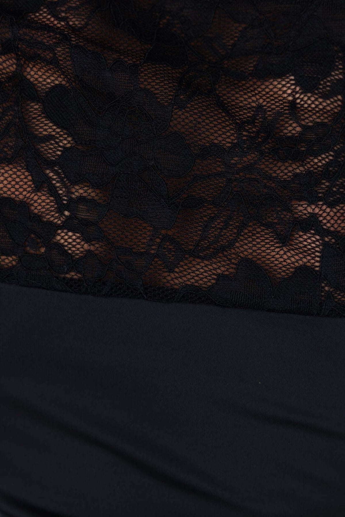 Close-up of black lace panel detail on the Kaiya Top, showcasing intricate floral design and stretch fabric.